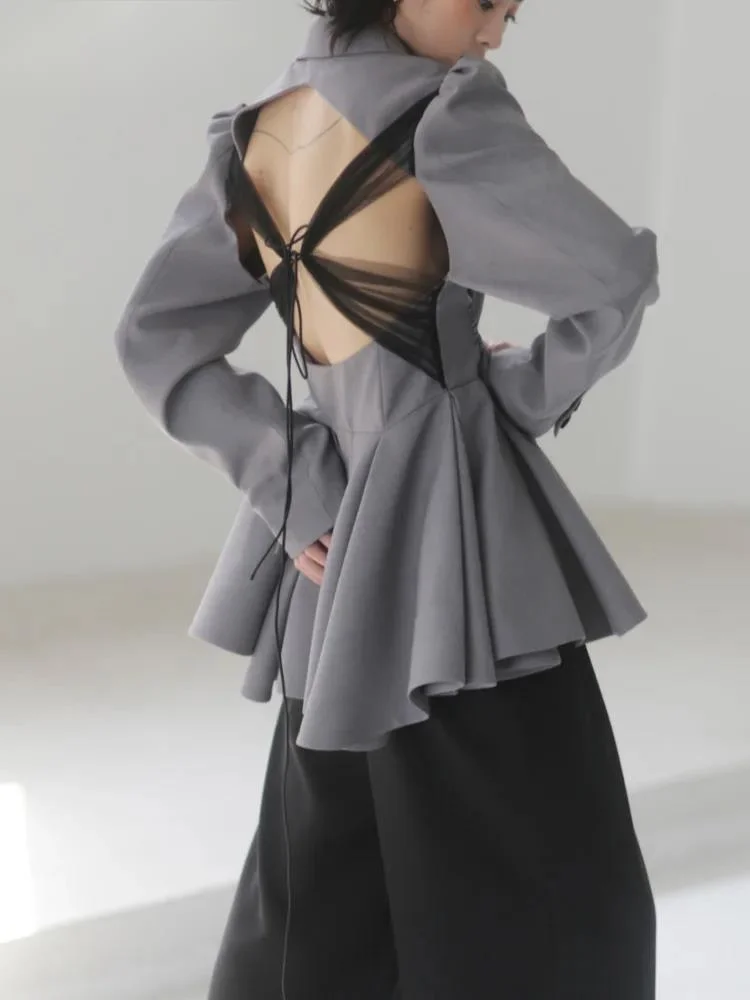 Fashion Women's Blazer New Notched Loose Single Breasted Long Sleeve Gray Backless Mesh Suit Jackets Autumn 2026 17TCTO