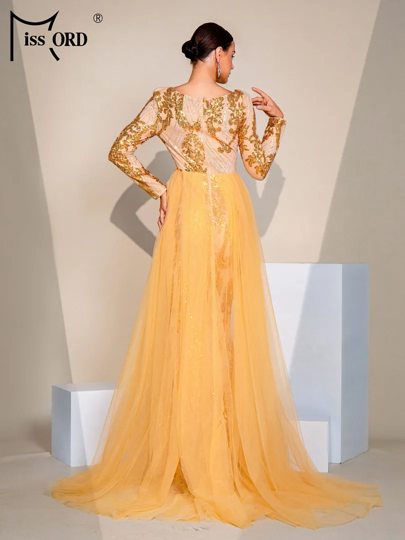 

Missord 2026 New Church Dress V Neck Long Sleeve Sequin Evening Gown Slit Formal Occasion Maxi Graduation Dresses