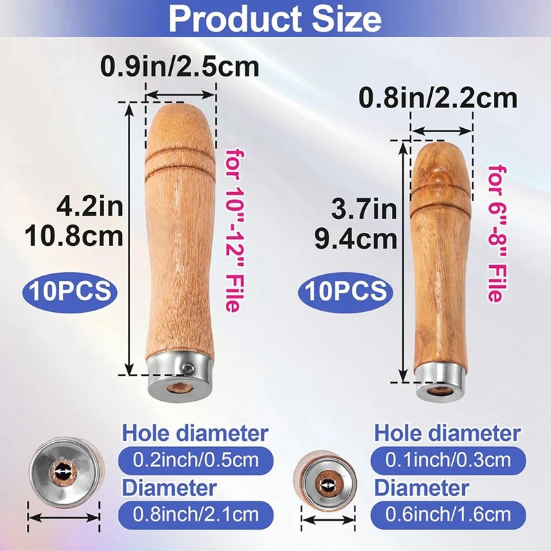 Poignée de lime en bois avec colliers en métal de bain, top 20 pièces, 10 pièces pour lime de 6 à 8 pouces + 10 pièces pour lime de 10 à 12 pouces (2 tailles)
