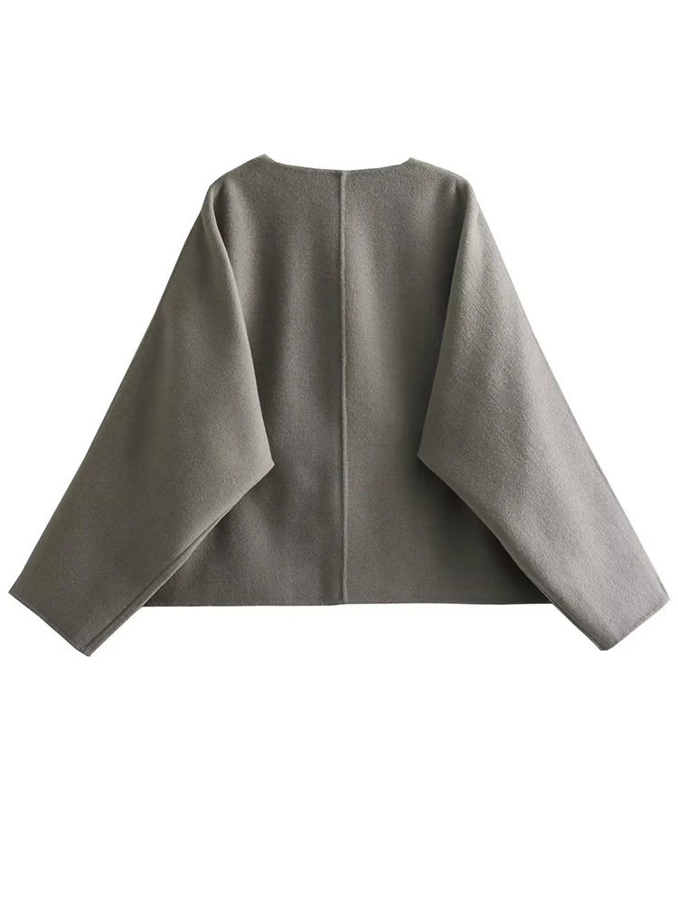 TARUXY New Woolen Short Jackets Coat For Women V Neck Fashion Long Sleeve Outwear Button Pockets 2024 Autumn Office Lady Coat