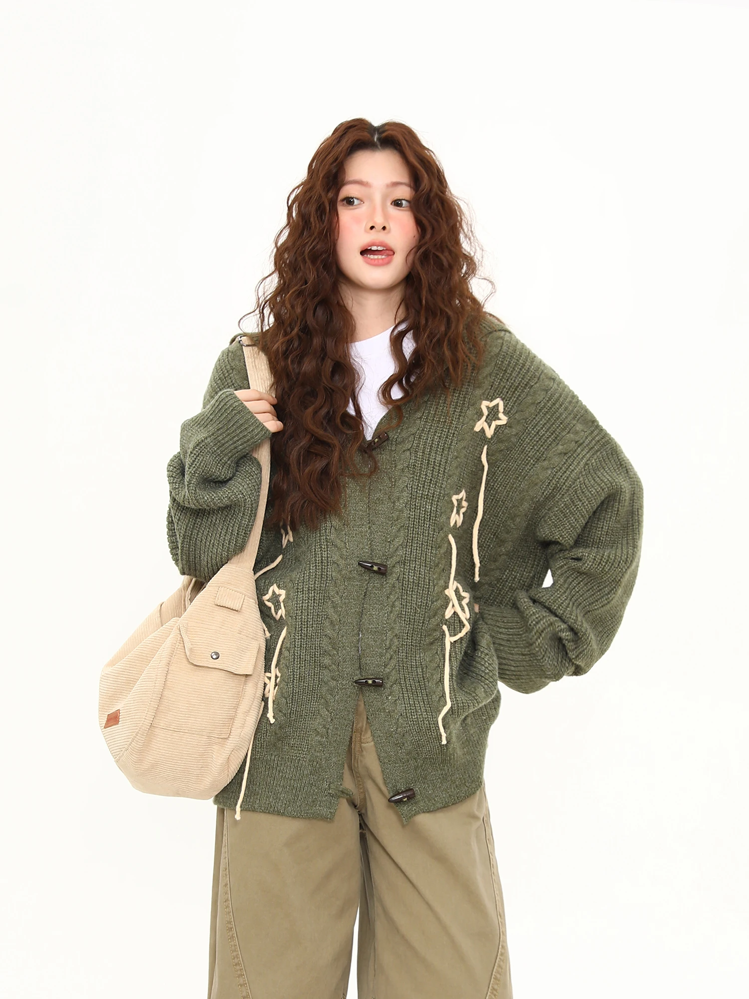 

Wild Azi, сшитый вручную звезда, открытый кардиган с кроличьими ушками, свитер, женская осенне-зимняя свободная вязаная верхняя одежда с v-образным вырезом, длинный све