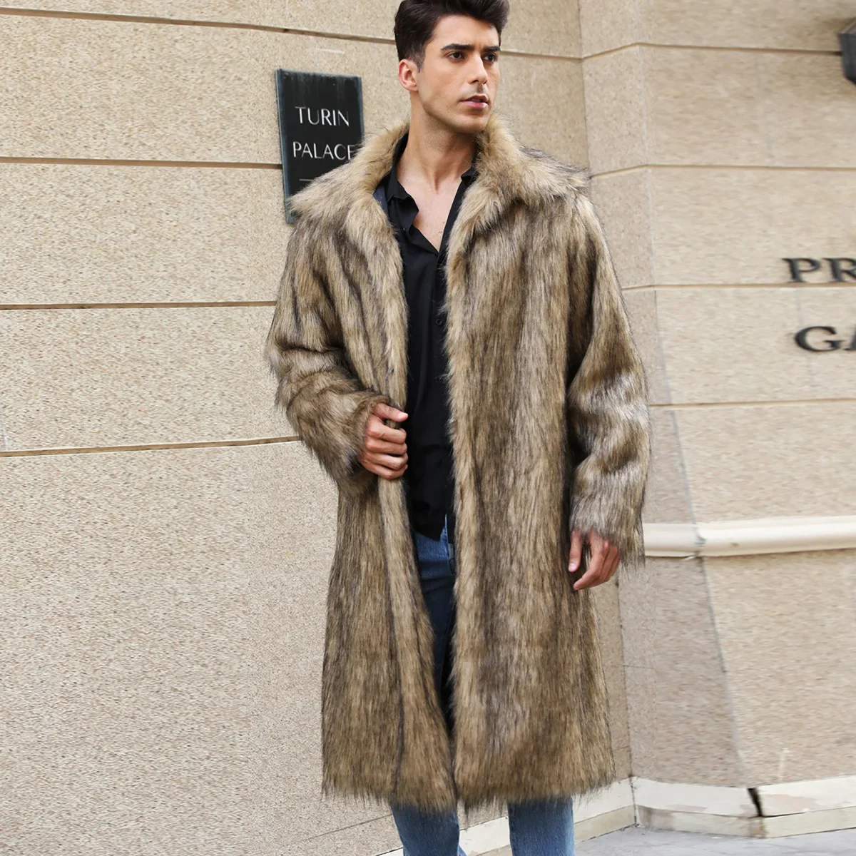 Men Faux Fox Fur Jacket Coat Turn Down Collar Winter Thick Fluffy Long Sleeve Warm Shaggy Outerwear Luxury Fur Long Jackets Mens