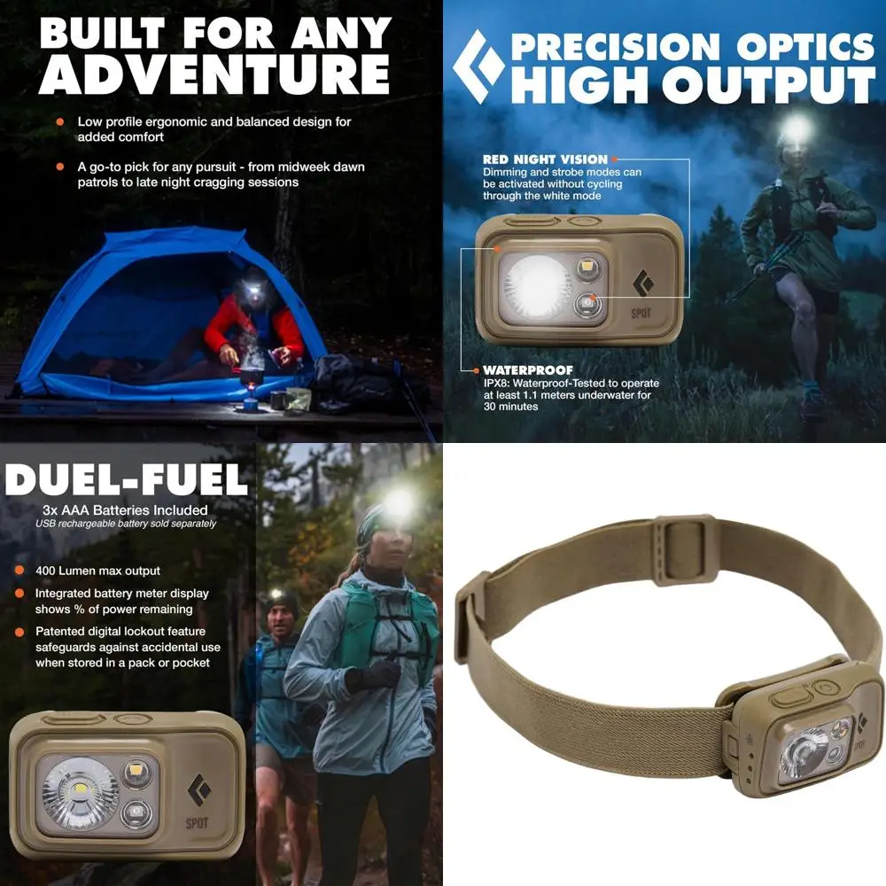 

400 Lumens Waterproof Dimmable Headlamp with 3 AAA Batteries Included, Durable and Dark Tan
