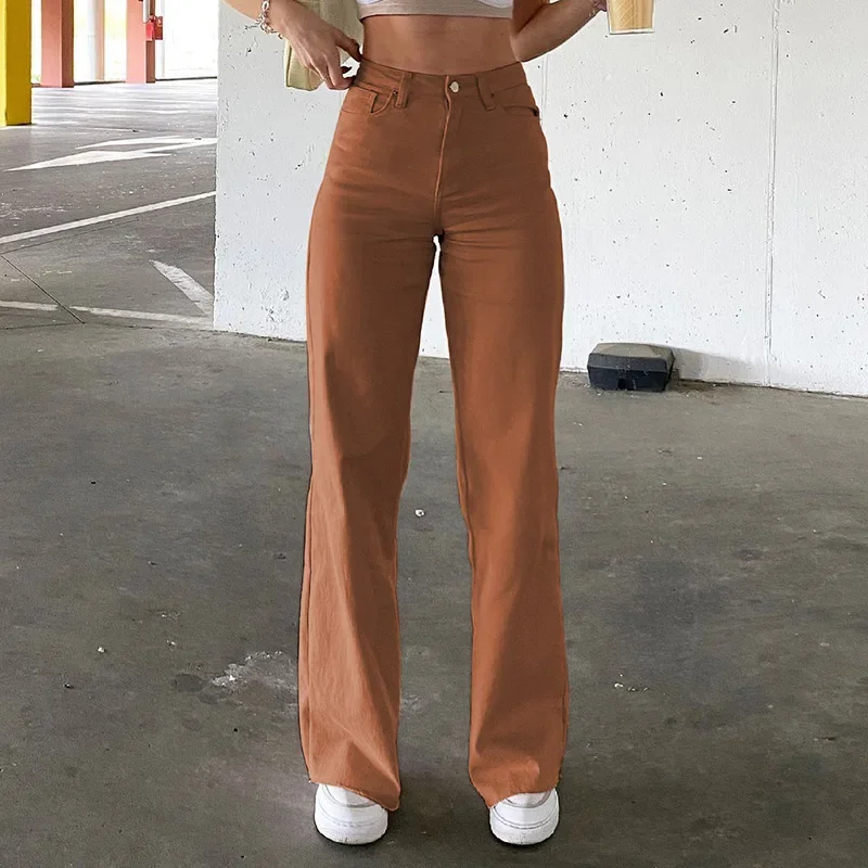 Women Jeans Straight Pants Solid Zipper High Waist Denim Ankle Length Loose Pockets Slight Strech Spring 2025 Streetwear
