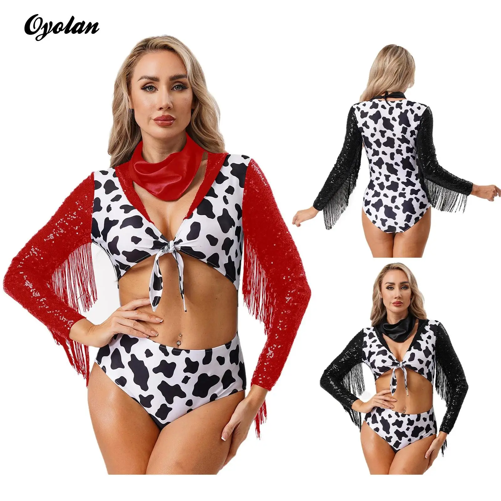 

Womens Circus Shiny Sequins Tassels Bodysuit with Neck Scarf Devil Killer Cowgirl Halloween Theme Party Cosplay Costume Clubwear