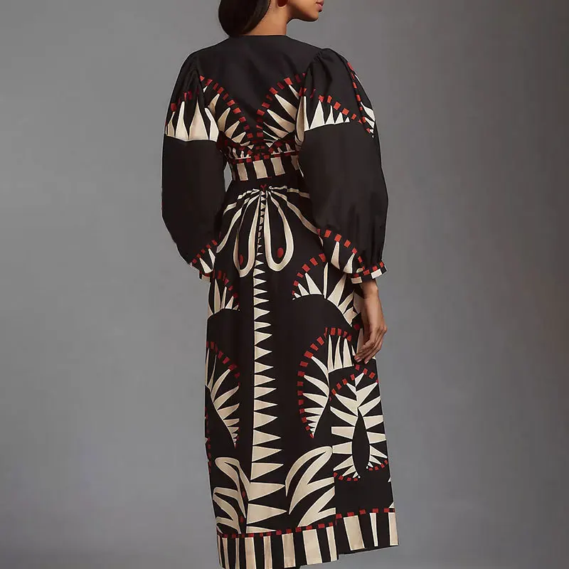 Novo outono vestido longo retro impresso lanterna de manga comprida vestido feminino sexy profundo decote em v casual solto camisa feminina vestidos robe