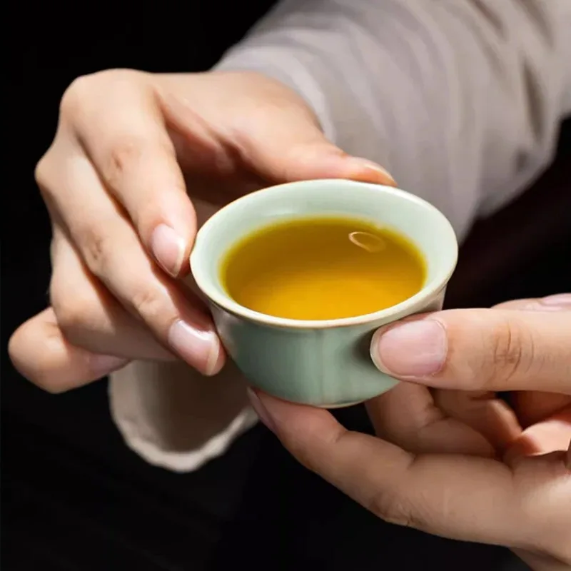 Chinese Style Ceramic Single Cup, Original Mineral Glaze, Crackled Glaze, Handmade Ru Kiln Small Teacup for Home Office Use, 1Pc