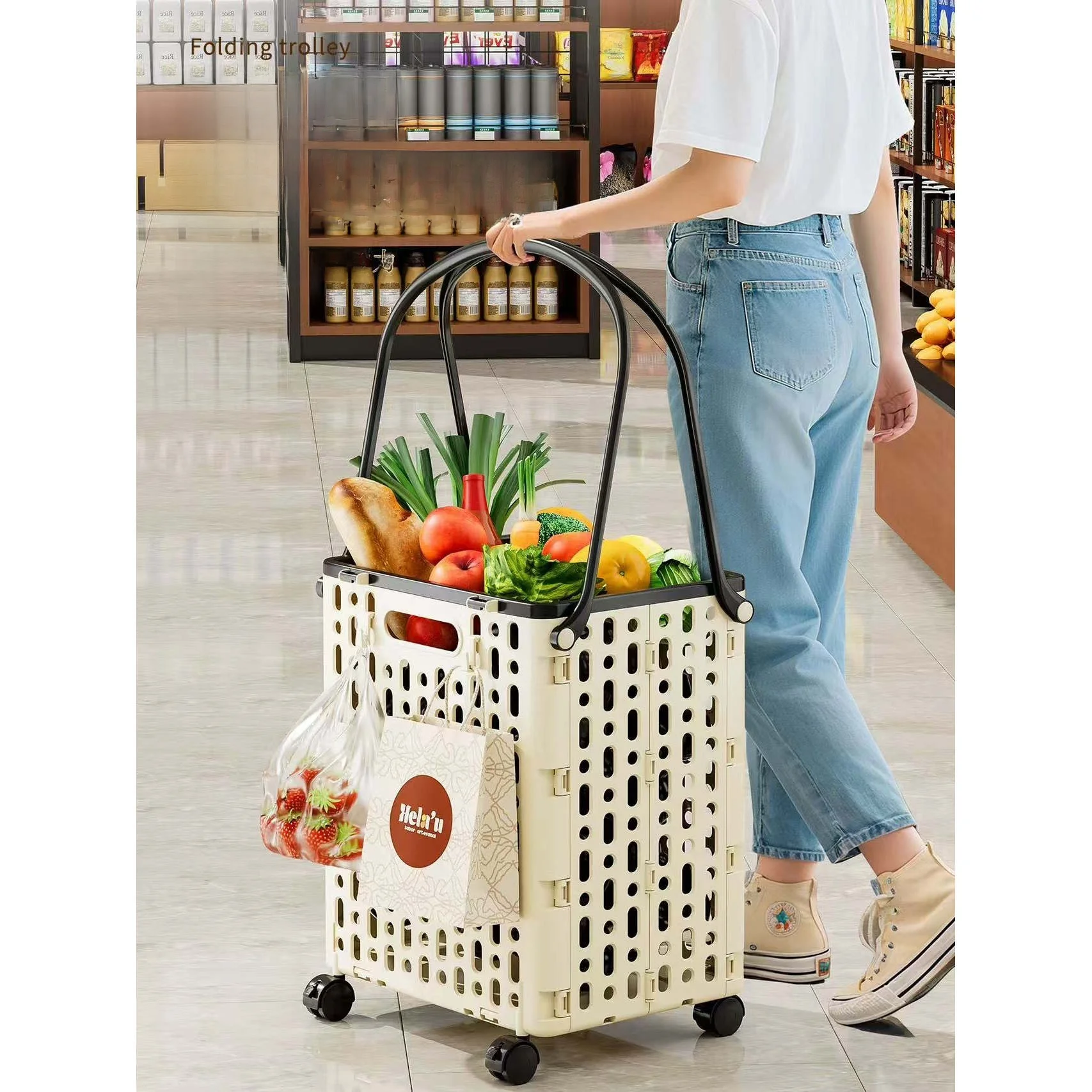 持ち運びに便利な軽量手引き式ショッピングカート、野菜や家庭用品の購入に人気のオンライン商品、折りたたみ式デザイン