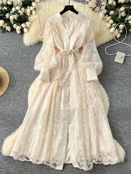 Spring Autumn French High-end Women's Dress New Lace Embroidery V-neck Lantern Sleeves…
