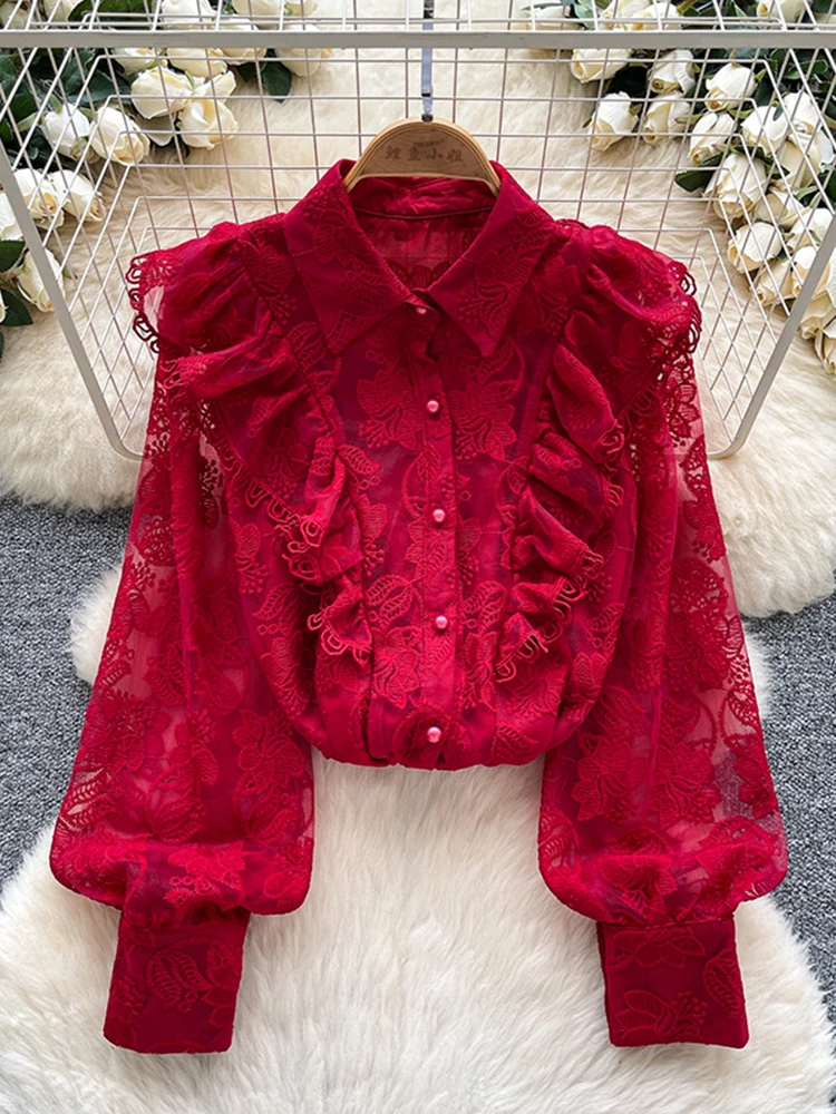 

Spring Autumn French Embroidered Mesh Shirt Women's New Fashionable Ruffle Edge Splicing Single breasted Lace blouse Top W76