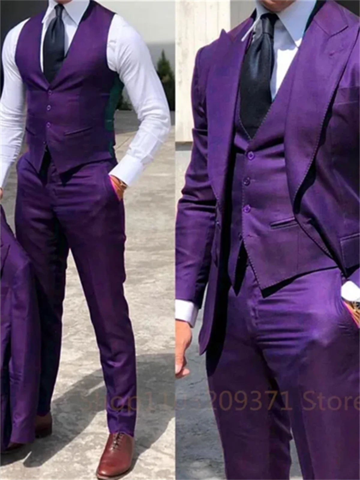 3 Piece Purple Set  Men Business Suits Groom Groomsman 3 Pieces Wedding Party Formal Occasions Tuxedo Jacket Vest Pants