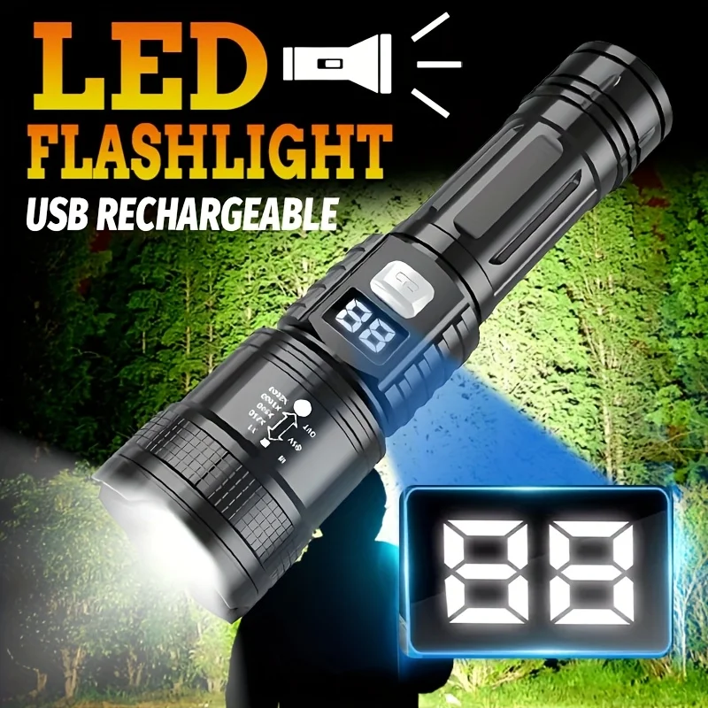 High Strong Power LED Flashlight Tactical Torch USB Rechargeable Zoom Emergency Lights For Outdoor Fishing Work Lighting Lamp