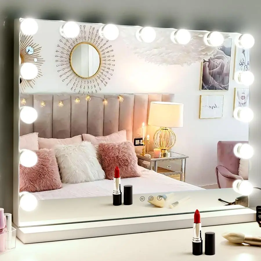 

Hollywood Vanity Mirror with Dimmable 15LED Bulbs Lights 3 Lighting Modes 2in1 Large Lighted Makeup Mirror for Desk and Wall wit