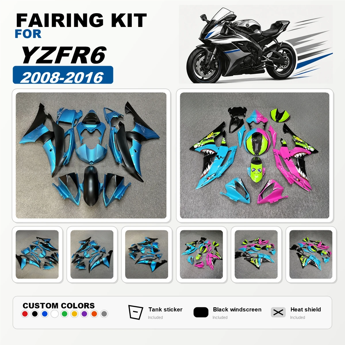 For YZF R6 2008-2016 Blue Black Look Fairings YZFR6 ABS Plastic Injection Molded Bodywork Fairing Kit Set Body Parts