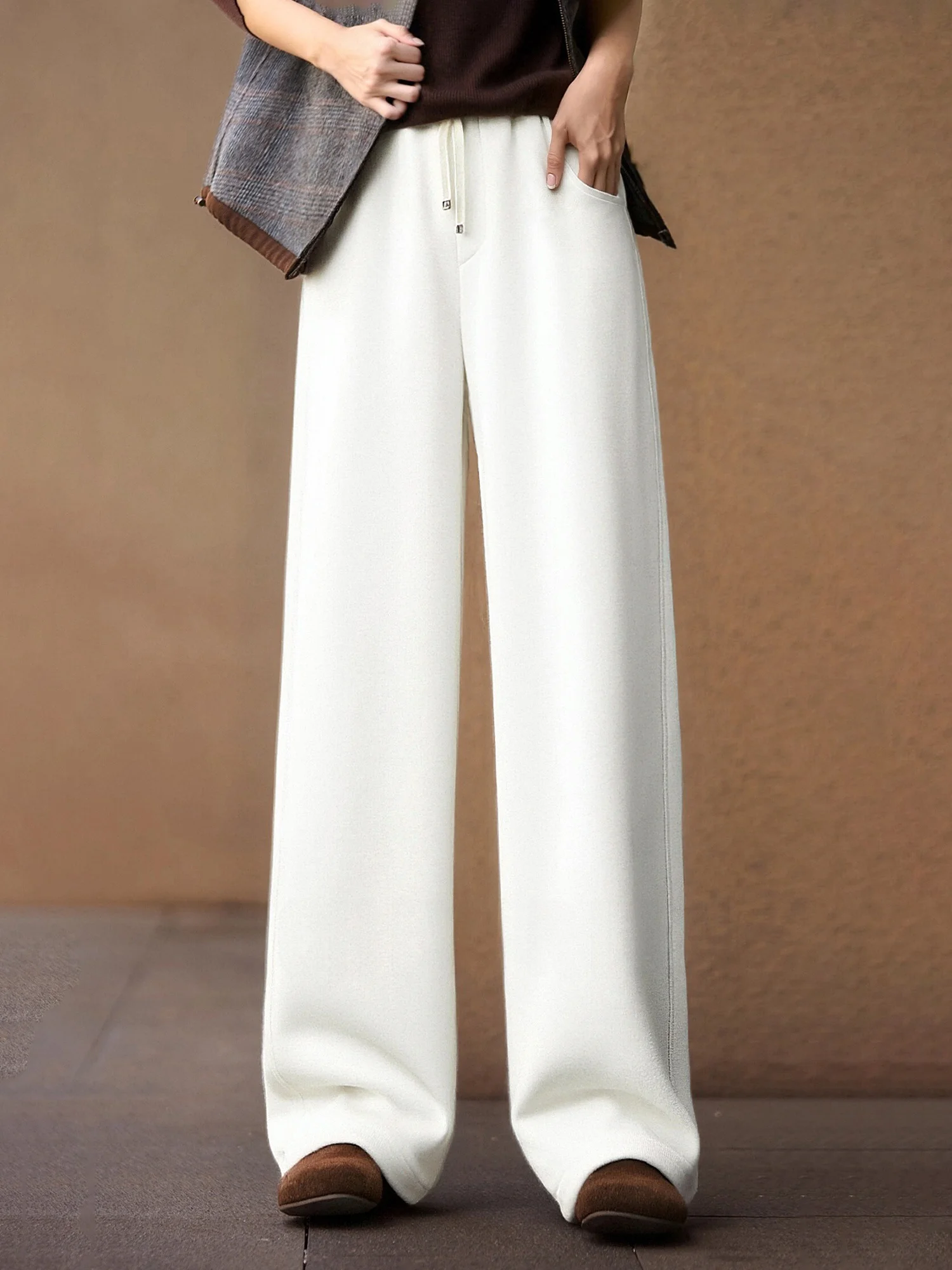 Chivirin Autumn Winter Dstring Pure Color Straight Leg Pants Women's Elastic Waist Wide Leg Spor Trousers Simple Design