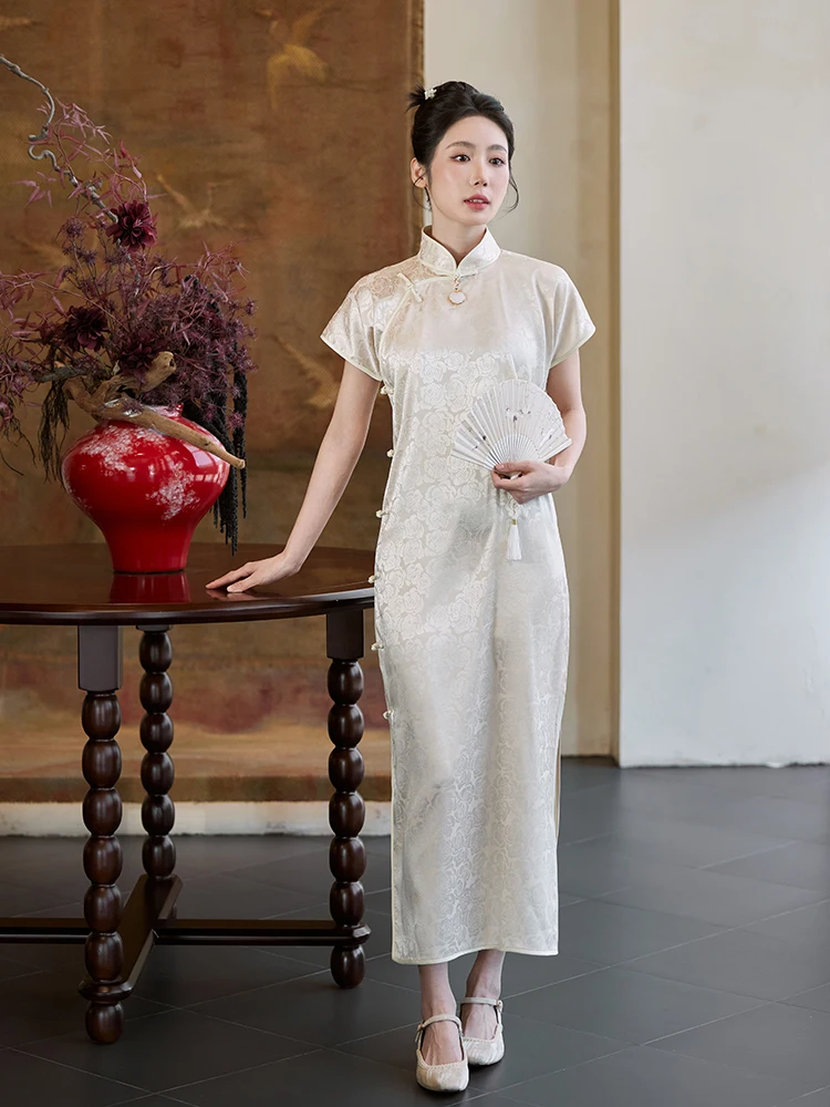 

Легкое летнее женское длинное платье-ципао бежевого цвета для молодоженок и церемоний, традиционный стиль, повседневное ношение