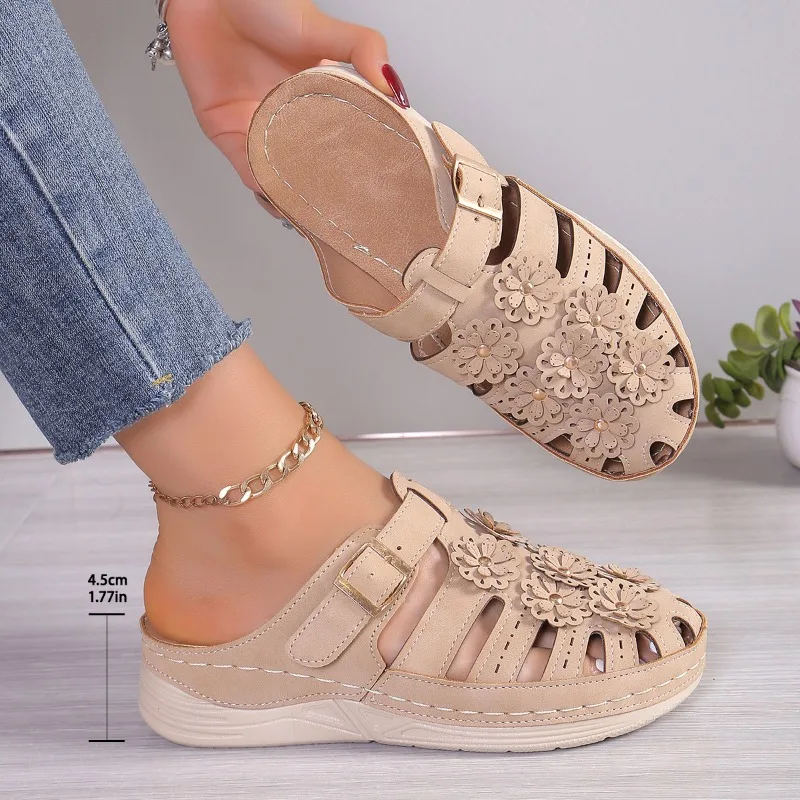 Plus Size Women\'s Slippers Summer New Platform Bottom Toe Flower Sandals Casual Fashion Non-slip Slippers