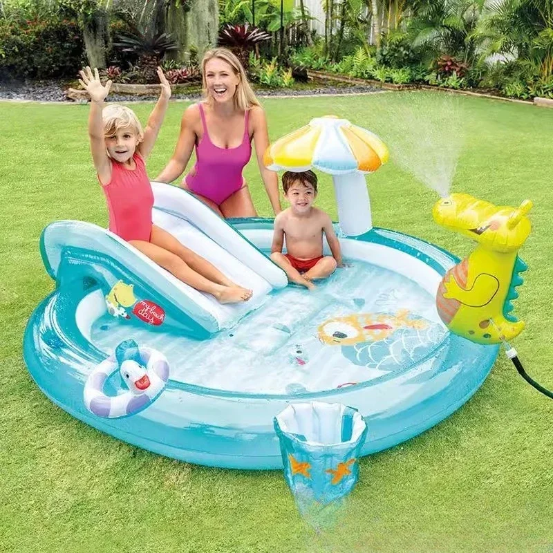 Kids Inflatable Crawling Pool with Slide - Water Spray & Fish Catching for Toddler Motor Skill Training