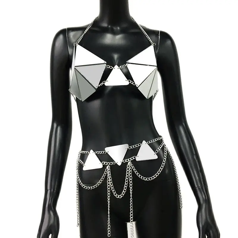 Specular PU Leather Women 2-częściowy zestaw Rave Festival Outfits Ręcznie robiony patchworkowy metalowy łańcuszek bez pleców Crop Top Lady Set