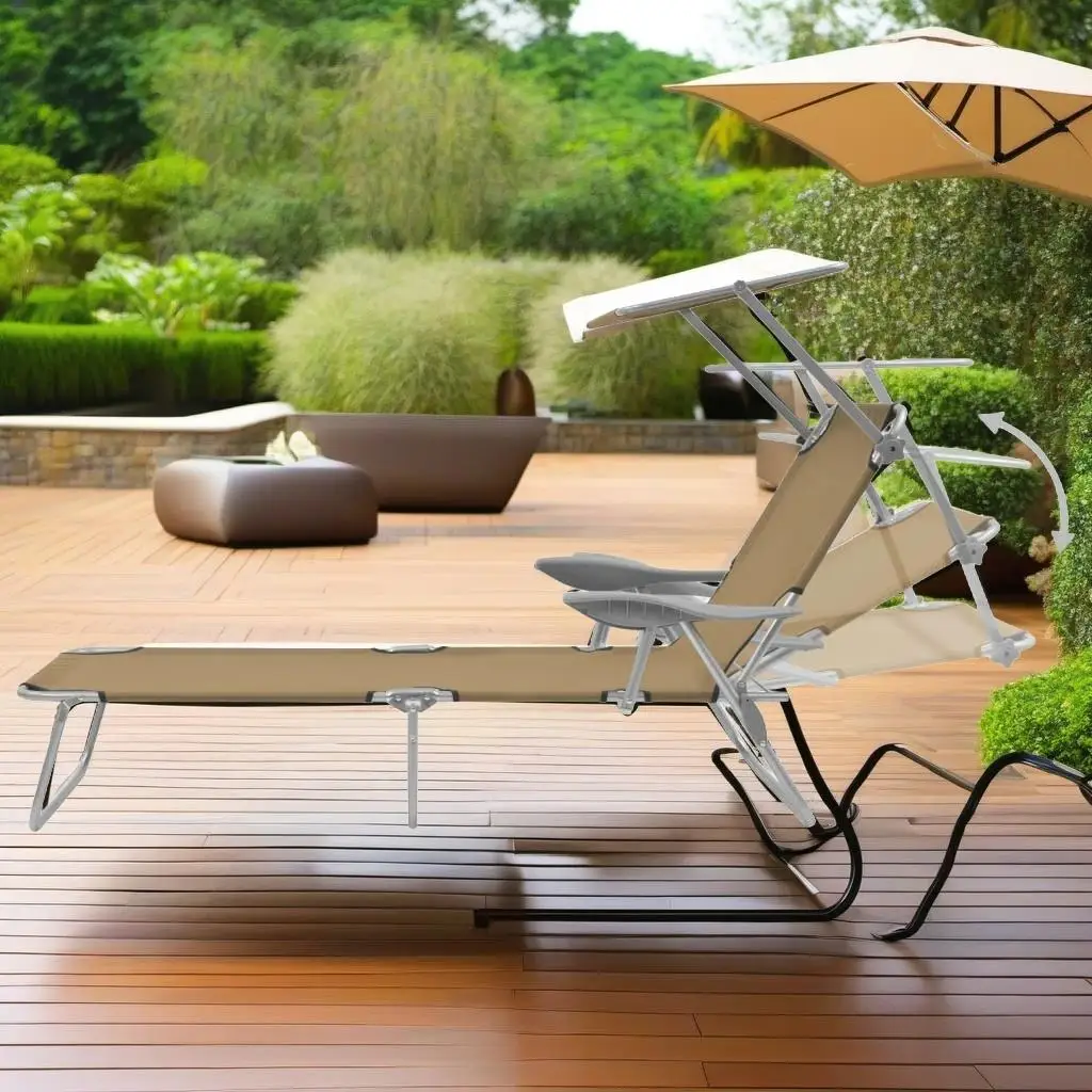 Portable Folding Sun Lounger with Adjustable Canopy - Steel Frame, Taupe Color