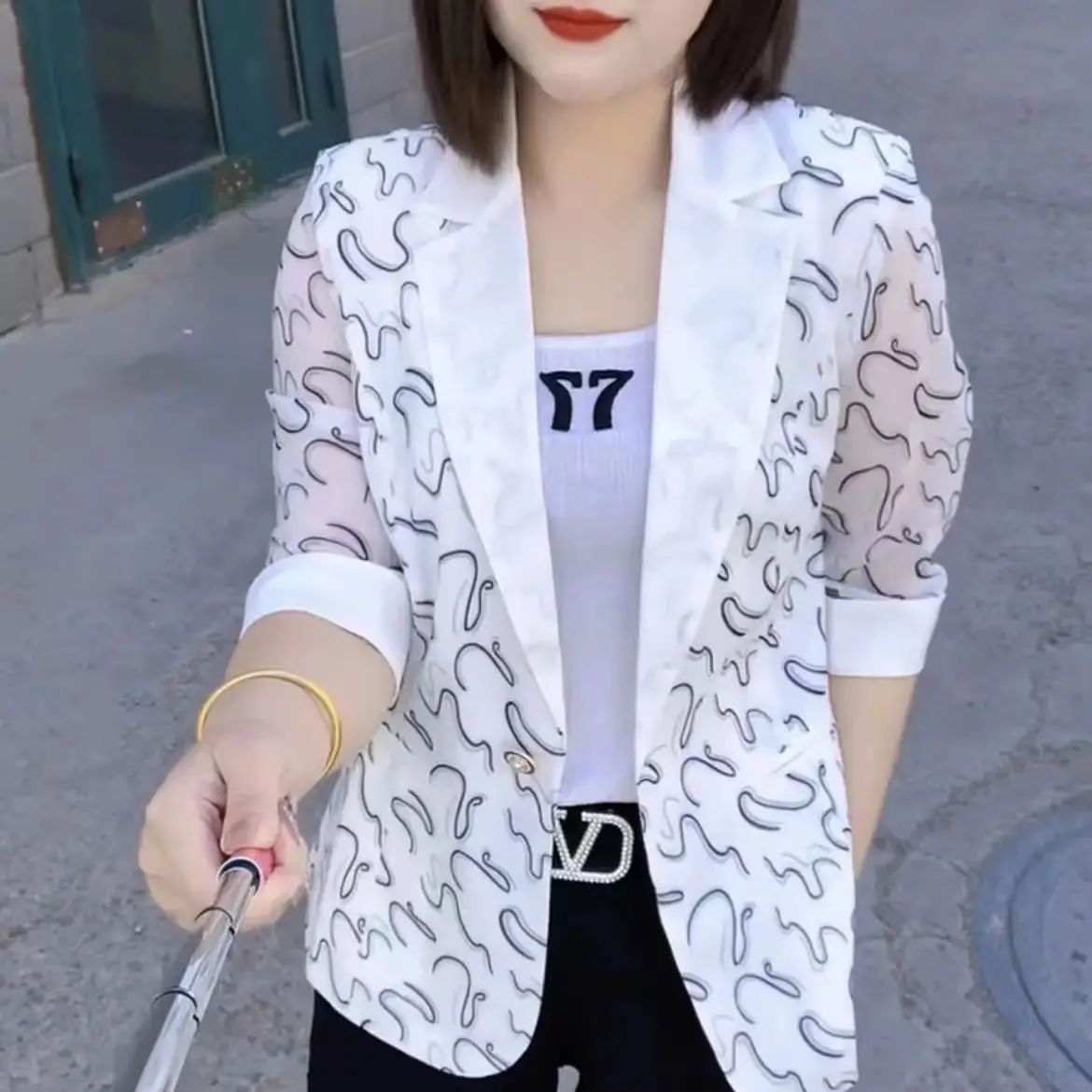 Printed Suit Jacket Women 2025 Spring Summer New Sunscreen Coat Ladies Collar Original Overwear Fashion Temperament Overcoat Top