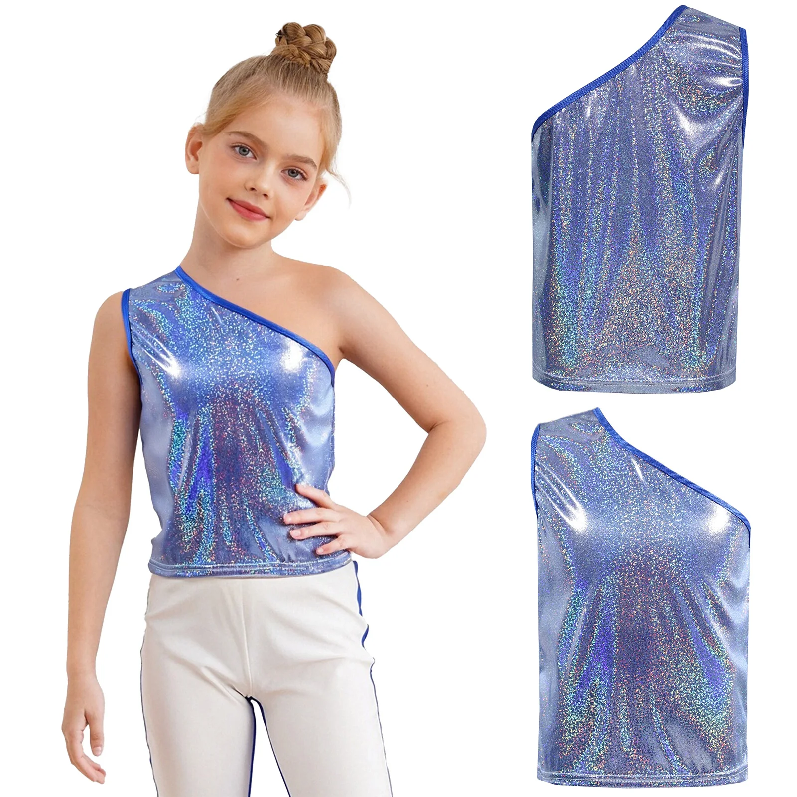 

Kids Girls Cheerleading Jazz Dance Top Sparkly Metallic Dots Vest One Shoulder Sleeveless Tank Top for Performance Costume