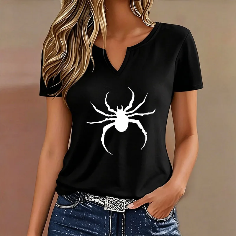 Streetwear T-shirt V Neck Casual Fashion Y2k Spider Printed T Shirts Women Short Sleeve Tee Shirt V-Neck Summer Spring