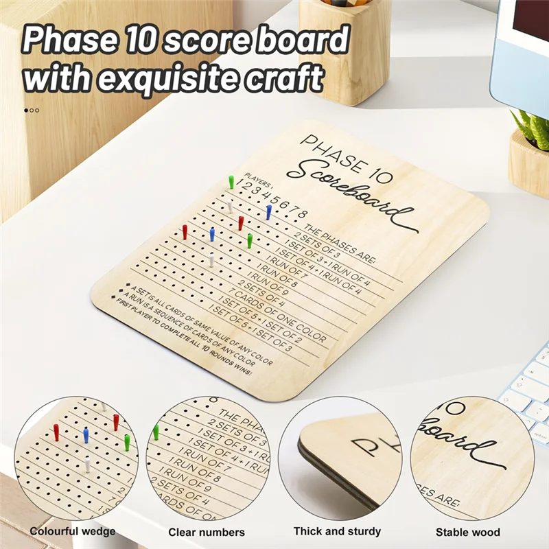 Tabellone segnapunti CYGJ-Phase 10 in legno, per giochi da tavolo per adulti per feste per giochi di carte con 8 picchetti colorati, tabellone segnapunti fase 10
