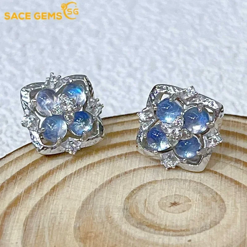 

SACE GEMS Fashion Earrings for Women 925 Sterling Silver 3MM Natual Blue Moon Stone Stud Earrings Wedding Party Fine Jewelry