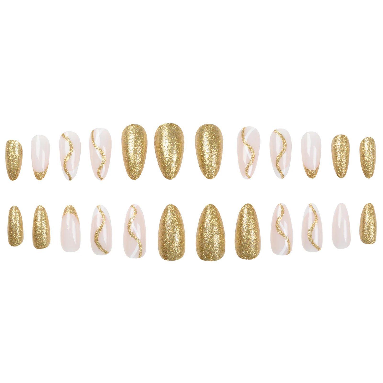 Gold Shimmering Powder Line Fake Nails Full Cover Short Acrylic Nail Tips for Women and Girl Nail Salon