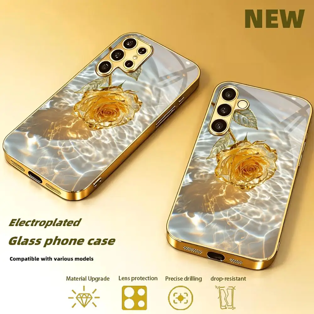 Luxury Roses 2D Electroplated Gold Edge Glass Phone Case For Samsung Galaxy S26 S25 S24 S22 Anti Drop cover For Girl gifts