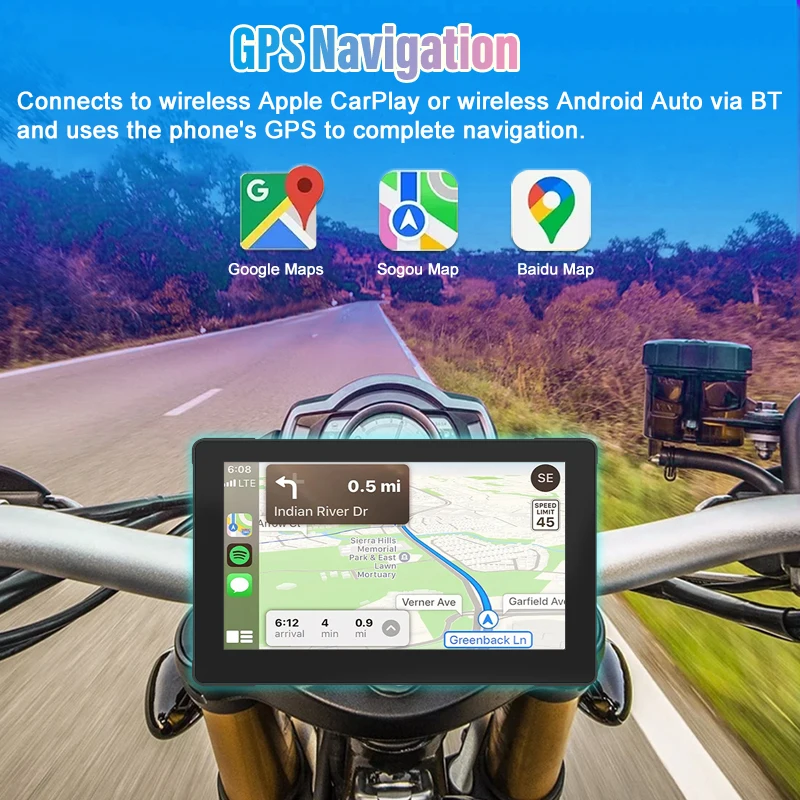 7 Inch Motorcycle Display Wireless Apple Carplay Android Auto IPX7 Waterproof Multimedia Navigation GPS HD Touch Screen Wifi BT