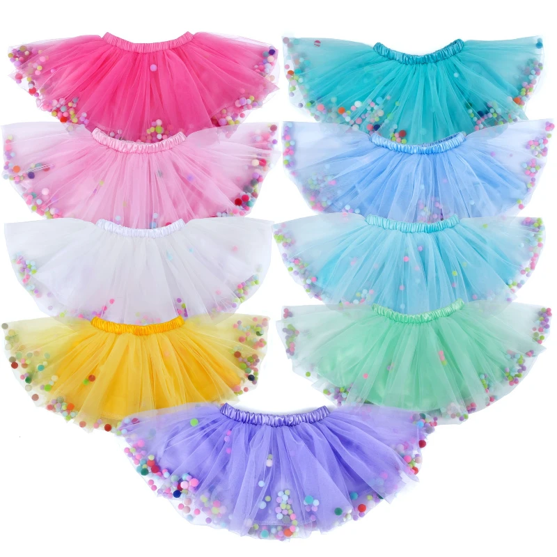 Colorful Pom Pom Tutu Skirt Soft Mesh Tulle Skirt Elastic Waist Multicolor Pompom Decor for Party Dance Cosplay Performance