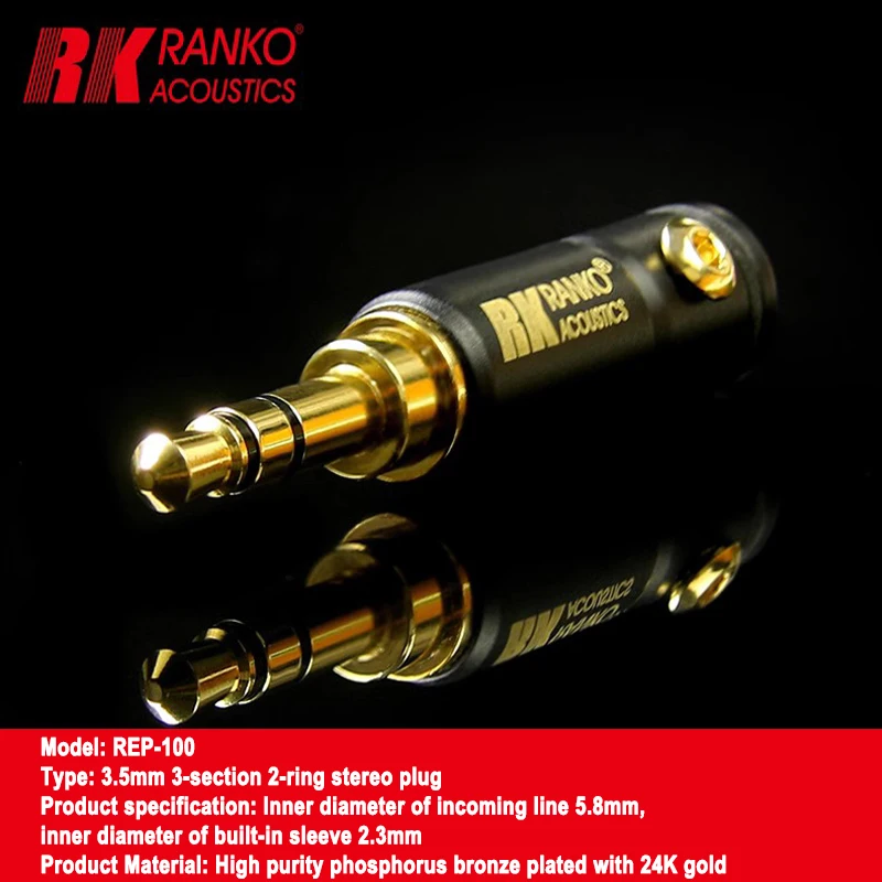 RANKOHeadphone Accessories  REP-100 High Purity Phosphor Bronze Plated 24K Gold 3-Section 2-Ring 3.5mm Stereo Earphone Plug