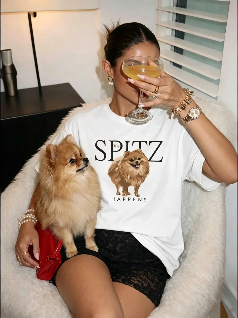 The Spitz Happens - T-shirts imprimés pour femmes, en coton, à manches courtes, confortables, col rond, surdimensionnés, vêtements basiques doux