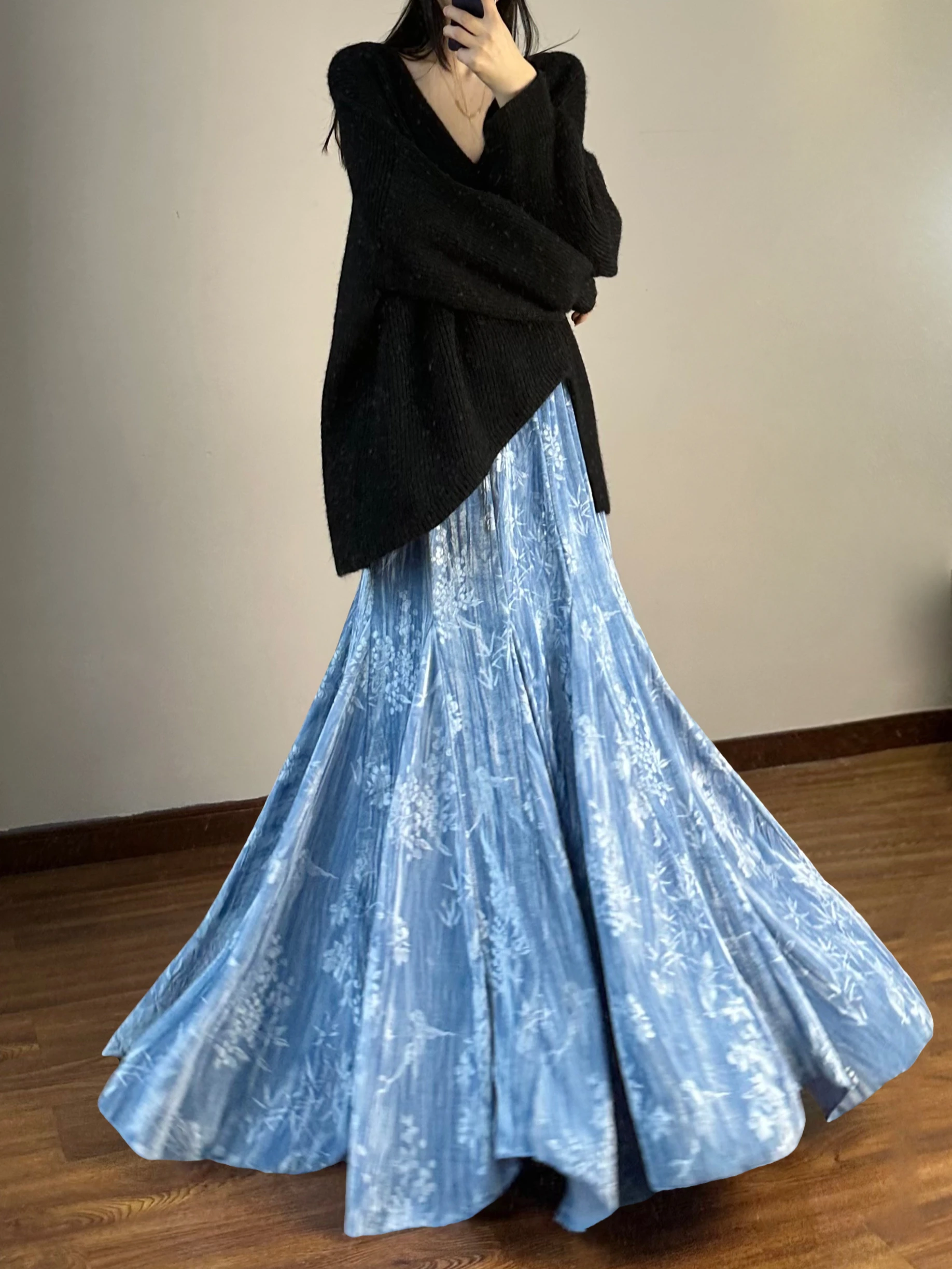 

Золотистая бархатная юбка-рыбка с китайским принтом, длиной до щиколотки, с высокой талией, эластичная, для повседневной носки, для танцев и вечеринок