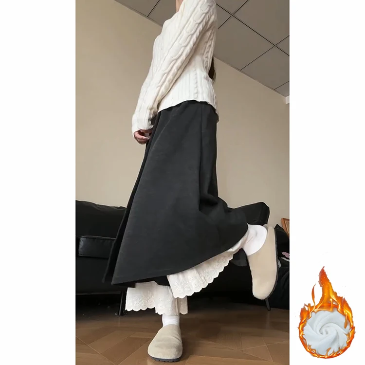 Pantalones de pierna ancha con forro de encaje y efecto adelgazante para mujer, falda envolvente de imitación drapeada, ropa informal, Otoño e Invierno