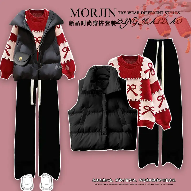 Autumn and Winter Set Women's New Cotton Jacket Vest with Red Sweater Slimming Casual Pants Age Reducing Three Piece Set