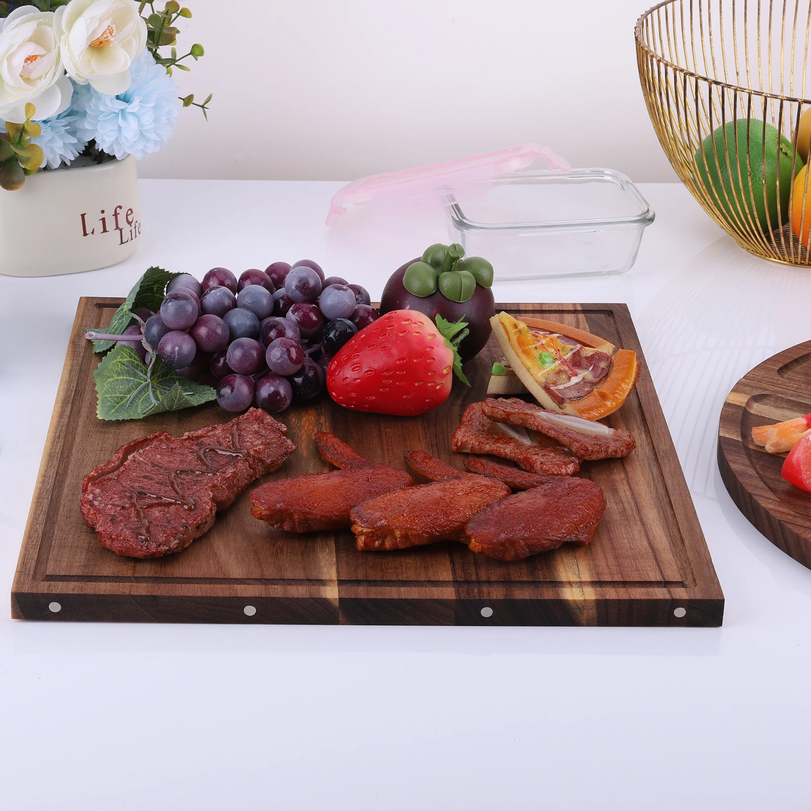 Acacia Wood Serving Tray Charcuterie Magnetic Platter Creative Multi-Function Food Board with Grooves for Fruits Vegetables