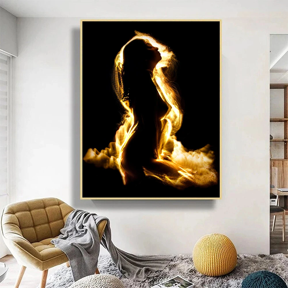 Luminescent Woman Profile Abstract Art Canvas Painting with Frame Figure Black Nordic Poster Prints Wall Picture for Living Room