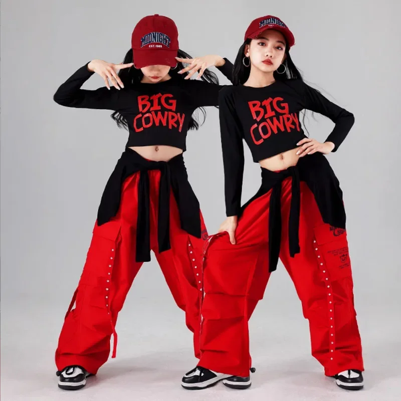 Hip hop meninas colheita topo dança de rua doce cor calças de carga crianças k-pop streetwear crianças trajes jazz menina grupo roupas conjunto