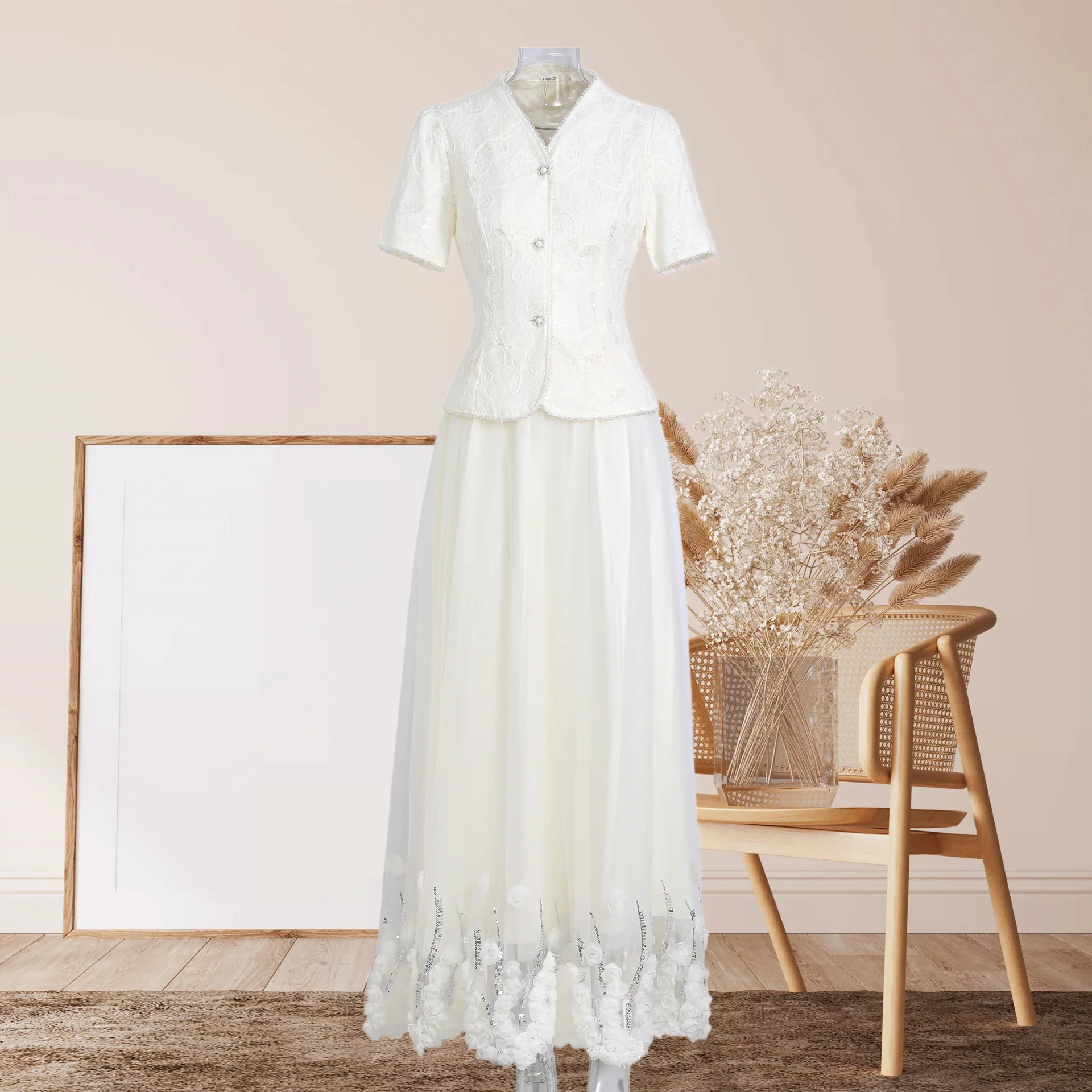 Conjunto de Falda de Tul y Bolero de Encaje Color Marfil para Mujer, Apliques Florales 3D, Cuello en V, Elegante, para Madrina de Boda, Invitada de Boda, Traje de Vestido Largo para Fiesta