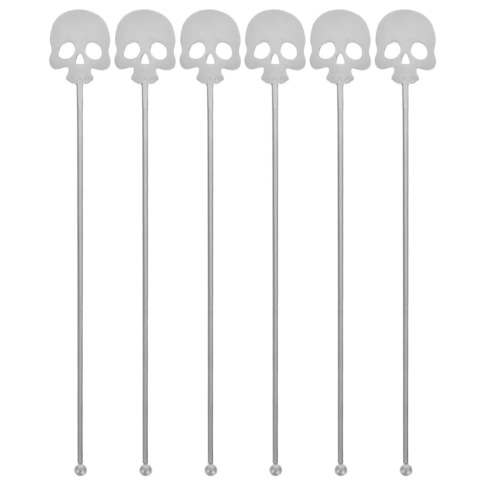

6pcs Skull Shape Swizzle Sticks Reusable Stainless Steel Coffee Stirrers Drink Mixers For Halloween Party Bar Home Office Metal