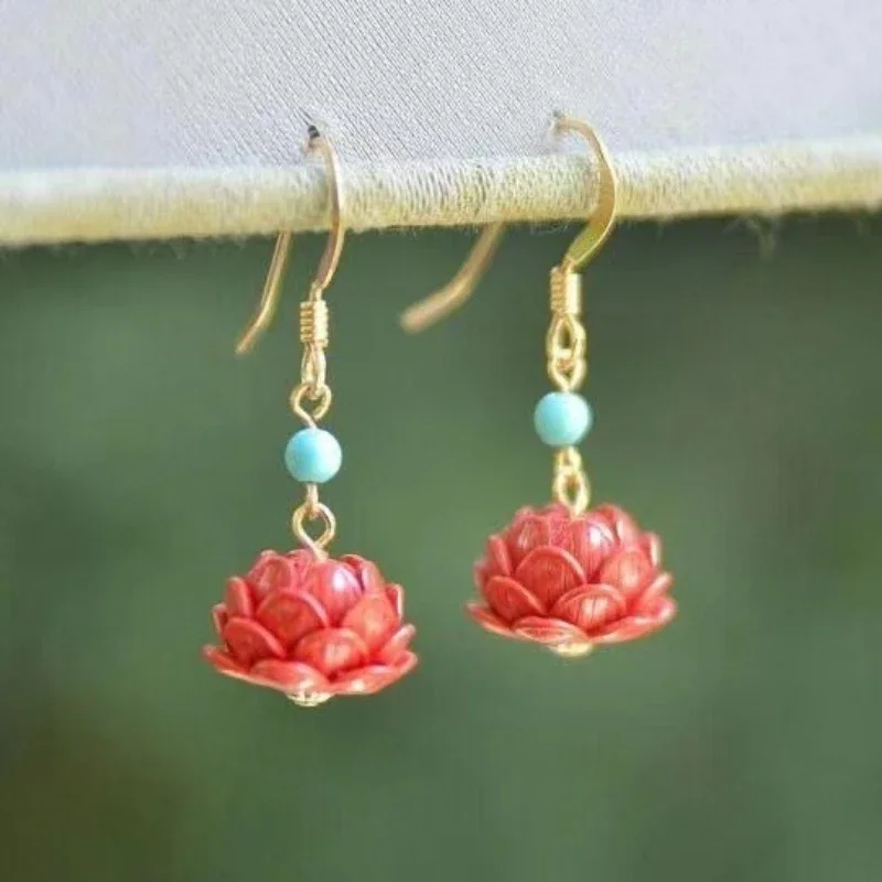 

Chinese Classical Style Cinnabar Lotus Shaped Simple Women's Earrings Retro Accessories
