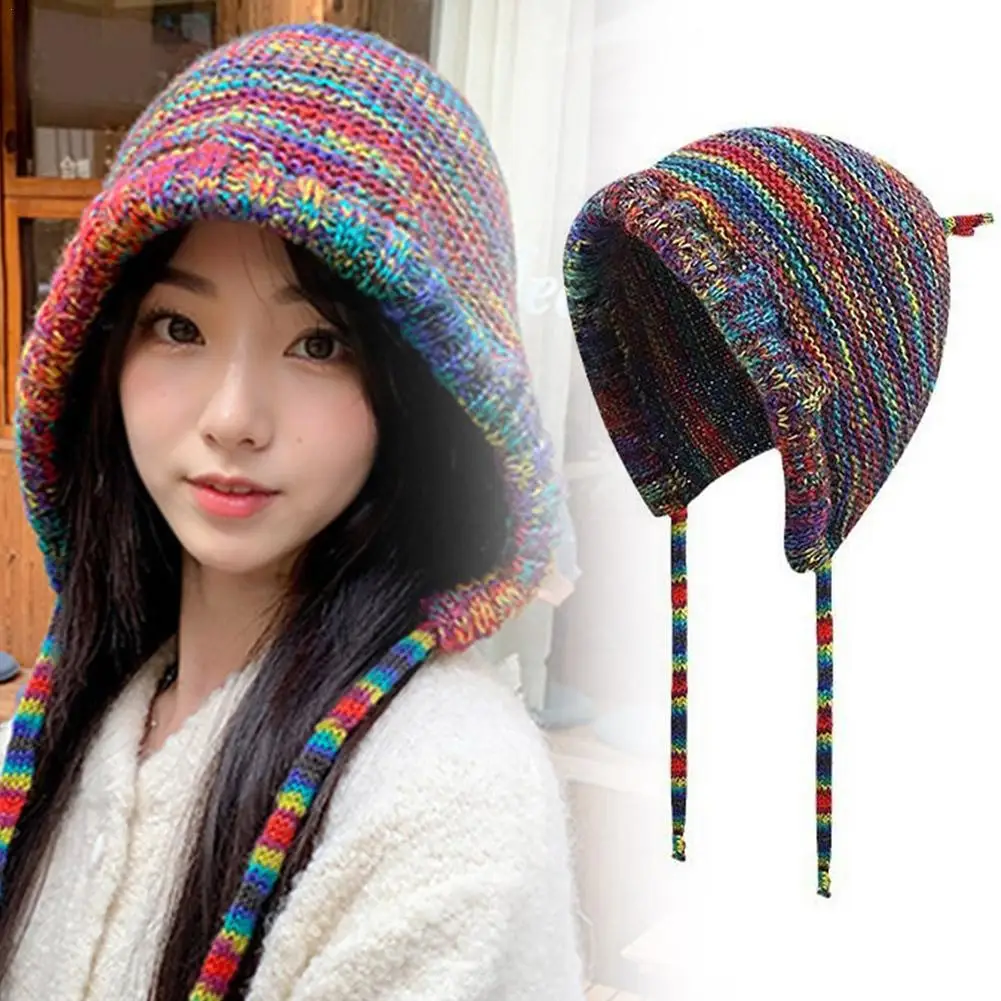 Winter Ear Protection Woolen Hat Colorful Rainbow Stripe Knitted Headgear Warm Comfortable Fisherman Cap Girl Riding Earflap Cap