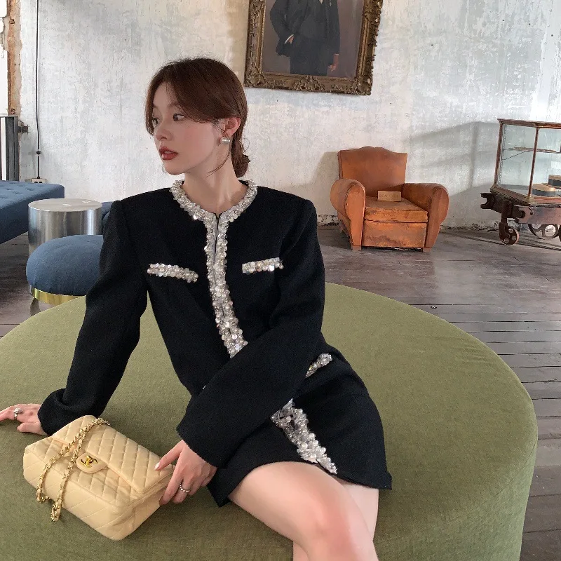 Women Spring French Small Fragrance Black Dress High Quality Long Sleeve O Neck Beaded Sequins Fashion Elegant Tweed Short Dress