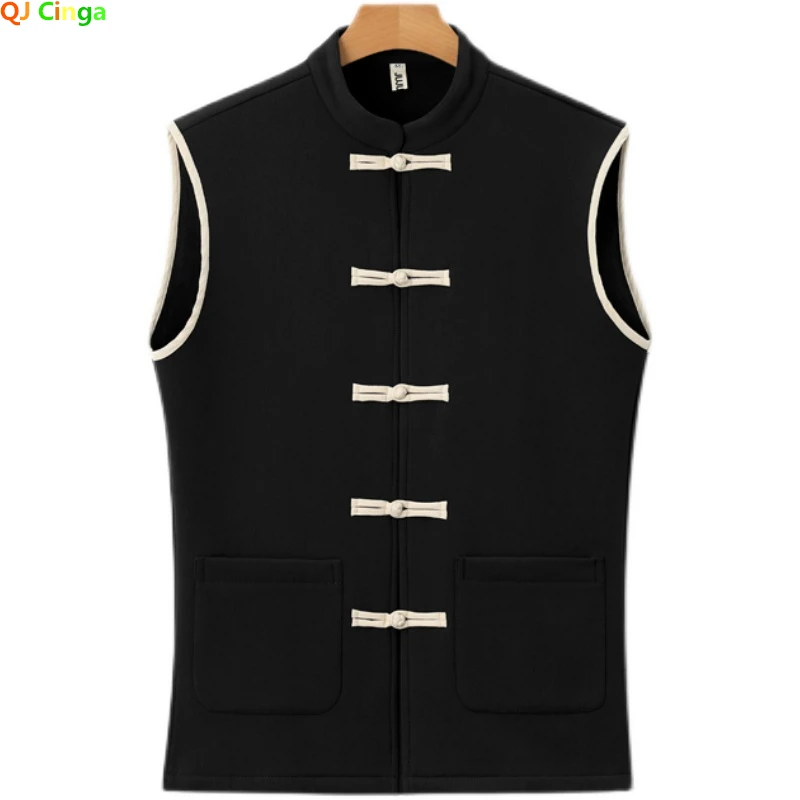 Winter Padded Sleeveless Vest Jacket Men\'s Chinese Wind Thick Vests Coats Blue White Gray Cotton and Linen Waistcoat