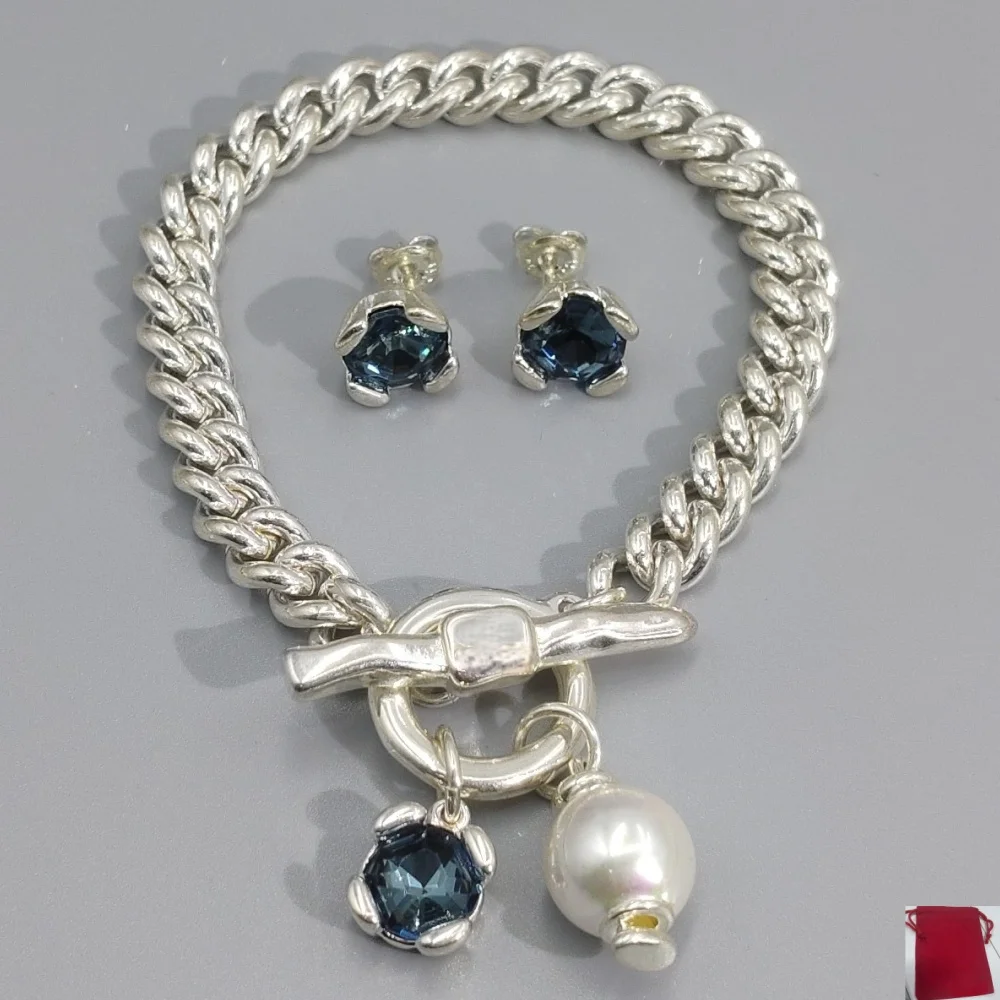 2026 Spain Popular Personalized Blue Zircon Earrings Cuban Chain Bracelet Jewelry Set Neutral Gift