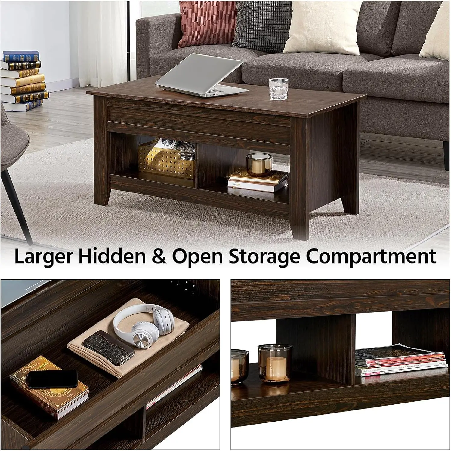 Yaheetech Lift Top Coffee Table With Hidden Storage Compartment & Seperated Lower Shelf, Lift Up Coffee Table, Rising Tabletop