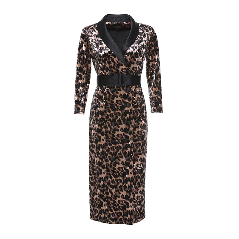 

Vintage Leopard Print Long Sleeve Velvet Dress Autumn Women's Notched Elegant Double Breasted Fashion Belt Prom Bodycon Vestidos